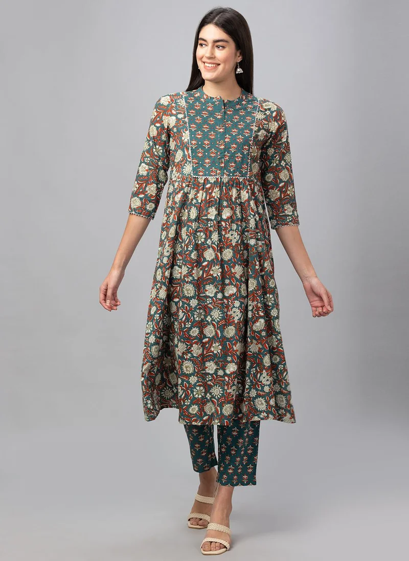 جلو باص Globus Women Floral Printed Mirror Work Pure Cotton Kurta With Trousers